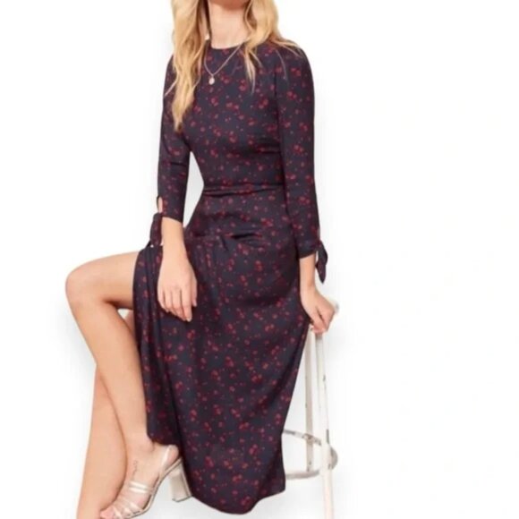 NEW Reformation Zelda Anaheim Poppy Midi Long Sleeve Slit Dress size 8 #1539 - Picture 2 of 13